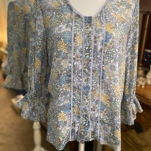 Floral Button-Down Blouse - Blue and Yellow